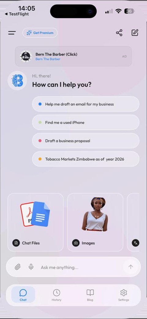 Bvunza AI — Startbildschirm mit Chat, Vorschlägen und Dateianalyse