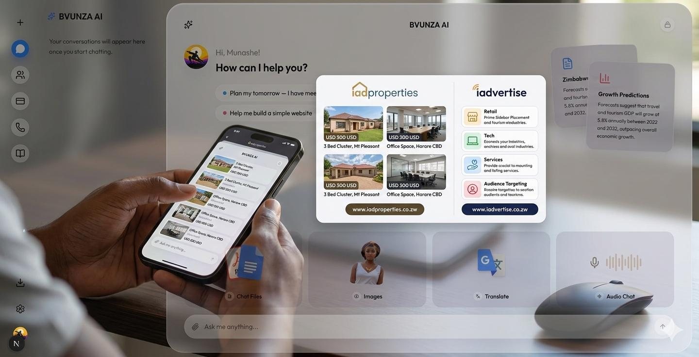 Bvunza AI — die Web-App im Browser: Chat mit Vorschlägen, Dateien, Bildern, Übersetzung und Sprachchat